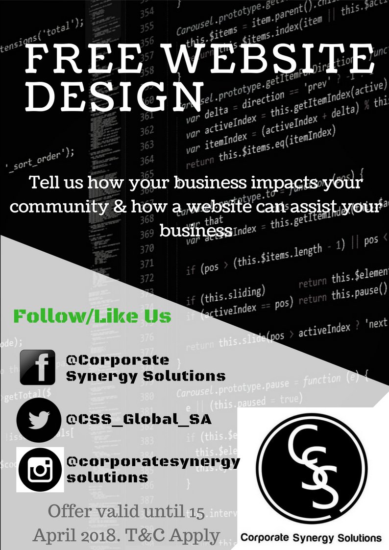 CSS_Global_SA's tweet image. As part of our giving back campaign, one lucky business owner will be afforded the opportunity to receive a responsive website design for their business. Follow us &amp;amp; follow the instructions. #business #Growth