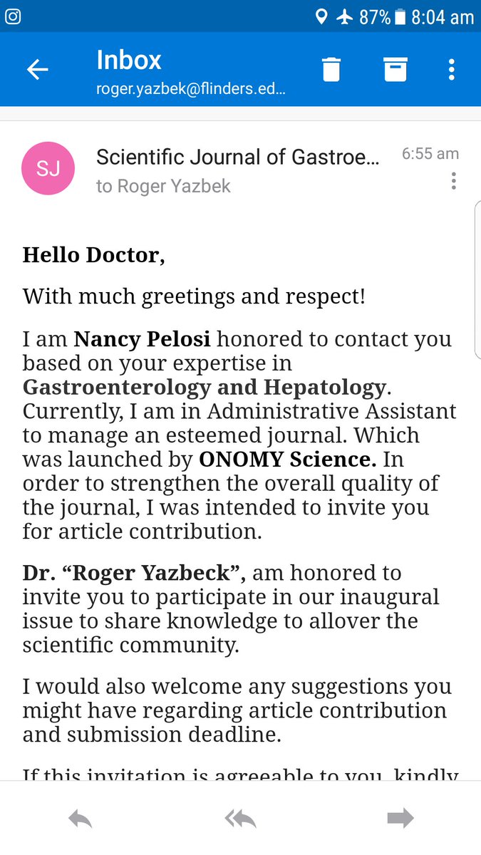 DrRogerYazbek's tweet image. I didn't realise that @NancyPelosi had changed occupations 😂😂 Whilst "I" am very honored by the invite, I think I might decline 🤣 #predatoryjournals #fakejournal