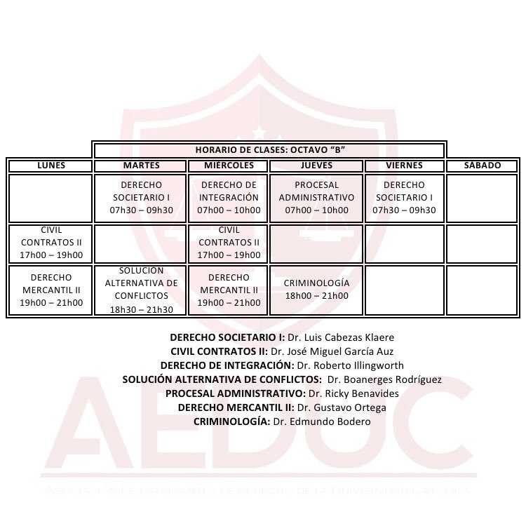 aeduc2018's tweet photo. Compartimos con ustedes los horarios de clases del Semestre A-2018 correspondientes a OCTAVO CICLO. #AeducInforma https://t.co/n1Gi0r3z6O