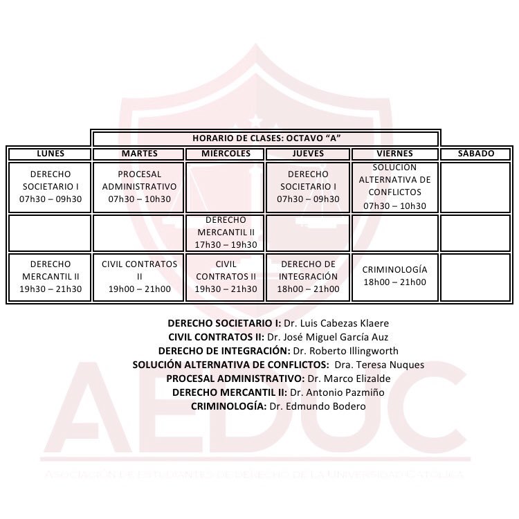 aeduc2018's tweet photo. Compartimos con ustedes los horarios de clases del Semestre A-2018 correspondientes a OCTAVO CICLO. #AeducInforma https://t.co/n1Gi0r3z6O