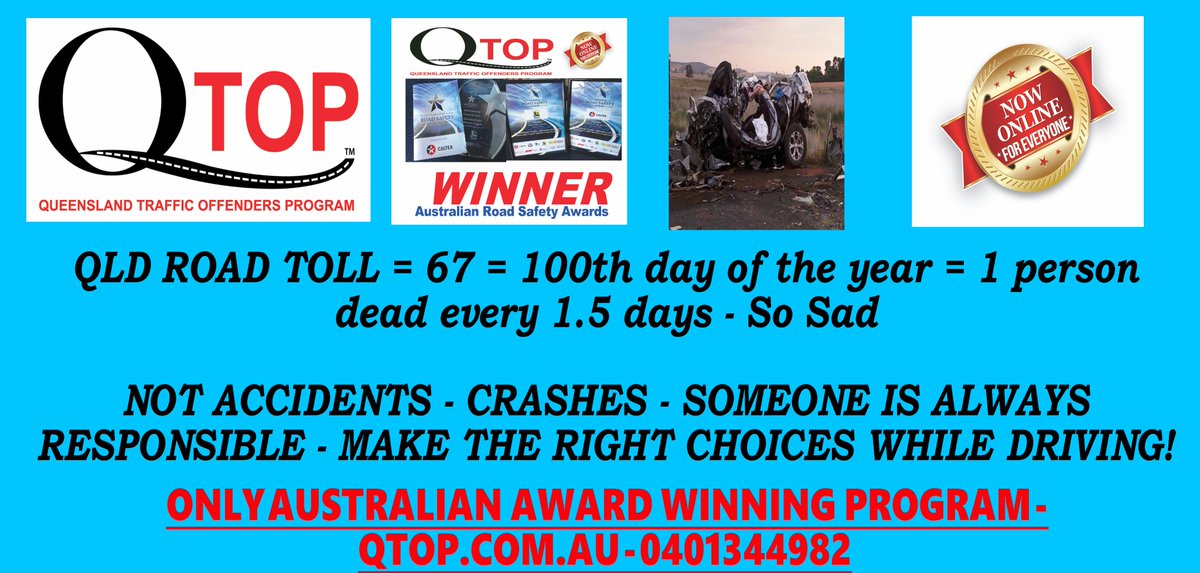 QLDTOP's tweet photo. DRIVE SAFE EVERYONE - OUR #QLD ROAD TOLL IS CLIMBING - #roadsafety #qld #trafficoffendersprogram #educatingdrivers #AustralianAwardWinningProgram #12yrs #savinglives #maketherightchoices #car #qldpol #onlineforeveryone https://t.co/zpew0AVAkT