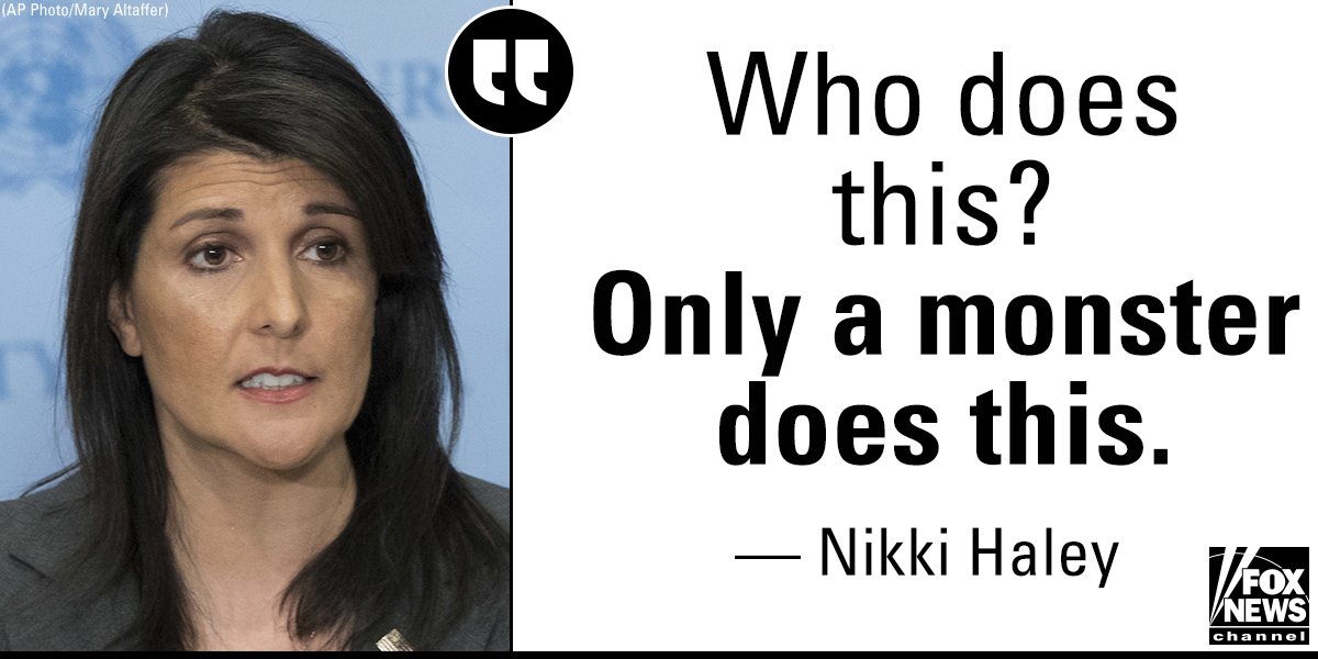 FoxNews's tweet photo. “We are on the edge of a dangerous precipice.”

On Monday, U.S. Ambassador to the United Nations @nikkihaley slammed Syria following reports of an alleged chemical attack in the country that killed at least 40 people over the weekend. https://t.co/7VGjt8j3La https://t.co/wICZKB5v8J