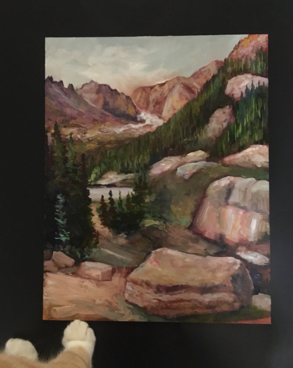 Work-in-progress / 11x14 oil on panel. Painting more trees. Now it’s time to place taller pines - right in the center... fingers &amp; paws crossed!