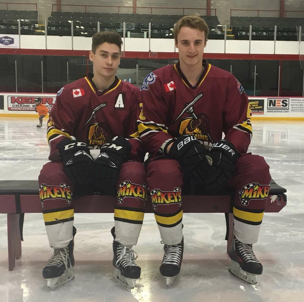 Couple of handsome dudes who have played AAA hockey together since their pee wee days. Evan Kentish-Stack and Riley Robitaille pose during the @TimminsRock fundraising skate for #humboldtstrong on Sunday @McIntyreArena #hometownboys