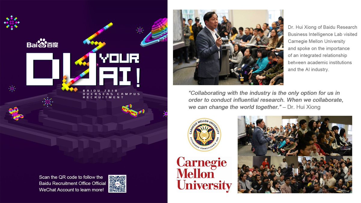 Baidu_Inc's tweet photo. Had a very inspiring week last week as @BaiduResearch scientists discussed #AI trends, applications &amp; the importance of #collaboration w/ packed rooms of future innovators at @UCBerkeley @USC &amp; @CarnegieMellon on our #DUYOURAI campus tour! We hope to see you all again very soon! https://t.co/IvaDXLo8OG