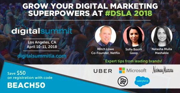 .@DigitalSummitLA Is Back Tomorrow! Join <a href="/Uber/">Uber</a>, <a href="/Visa/">Visa</a>, <a href="/MakeAWish/">Make-A-Wish America</a>, <a href="/Nasdaq/">Nasdaq</a>, <a href="/SAP/">SAP</a> And More. Use Code "BEACH50" For $50 Off Admission!! bit.ly/2oihzyn  #DSUM #SiliconBeach
