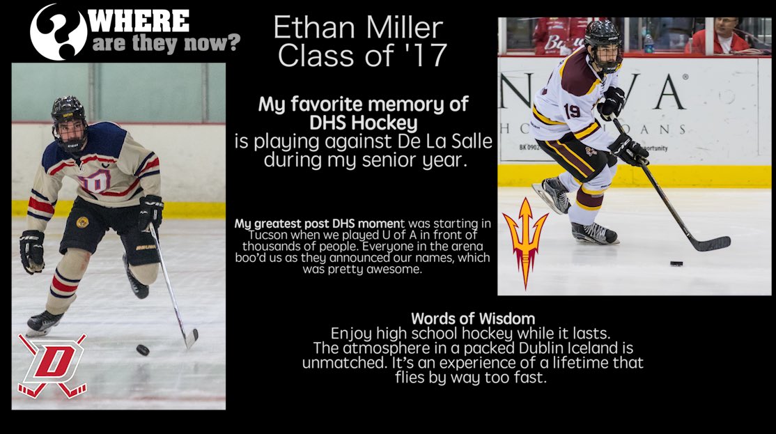 Dublinhockey's tweet photo. Our next installment of #wherearetheynow is @ethanmiller88 a ‘17 graduate who now plays for Arizona State! #ForksUp https://t.co/xmFEP9qMNm