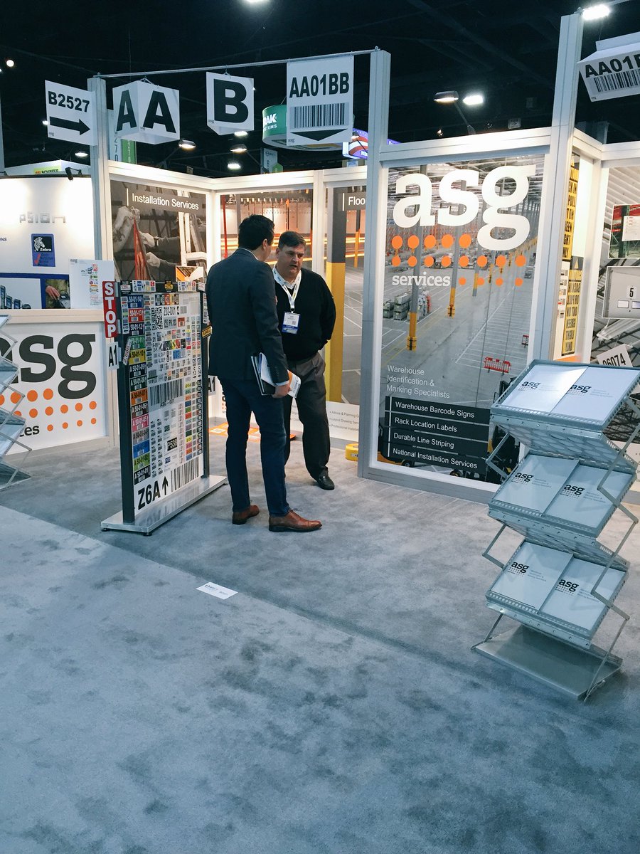 ASGServices's tweet photo. A great first day at #MODEXShow 2018. Thanks for stopping by the booth. Visit us tomorrow on booth #B2527 to discuss #hanging barcodesigns #racklabels and #floorstriping or https://t.co/YgdgkHYHYR for more. https://t.co/kw77t3LBX8