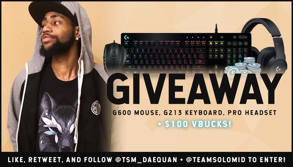 You guys know I gotta come through with another giveaway for the squad from @LogitechG (headset, mouse & keyboard) and $100 in VBucks! To enter the giveaway, follow me, follow @TeamSoloMid on twitter, and retweet this post! Best of luck everyone! There will be multiple winners!