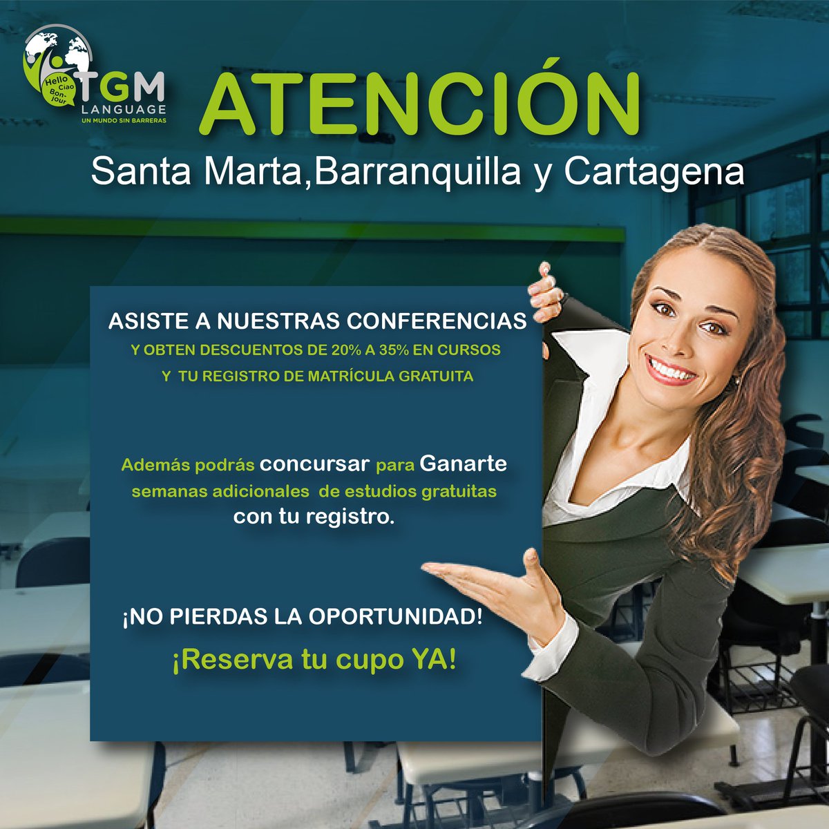TGMLanguage's tweet image. Esta semana inicia nuestra GIRA COLOMBIA, asiste en el lugar de tu preferencia, solo contáctanos y reserva tu cupo TOTALMENTE GRATIS.
SANTA MARTA
Viernes 13 de Abril
BARRANQUILLA
Domingo 15 de Abril
CARTAGENA
Lunes 16 de Abril

#TGMLANGUAGE #cursosdeIngles #estudiarenelexterior
