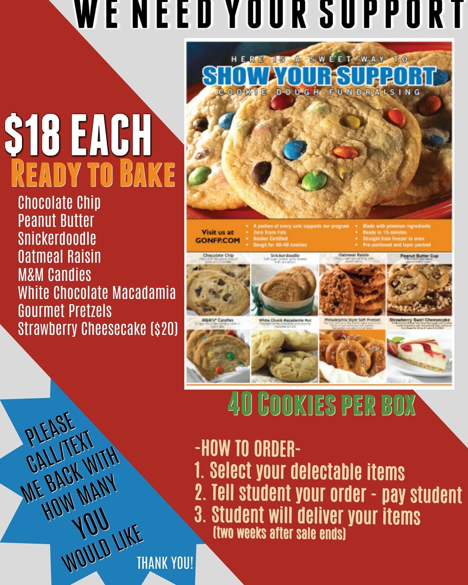 Contact a black knight cheerleader or coach if you are interested in ordering some yummy cookie dough! Make checks payable to FHS.