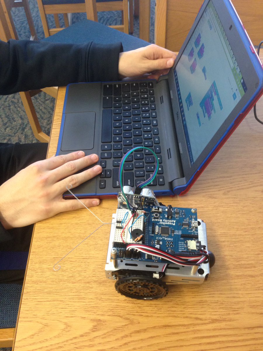 elcrobotics1's tweet photo. We have been working on our little robot for the #USD Robotics Programming Contest for a while now and came up with and tested a bunch of ideas for it with some help from @mrspooleyo 
We thought a bit, programmed a bit, and tested it in a makeshift maze &amp; had promising results! https://t.co/sJQ48Hv4Ca
