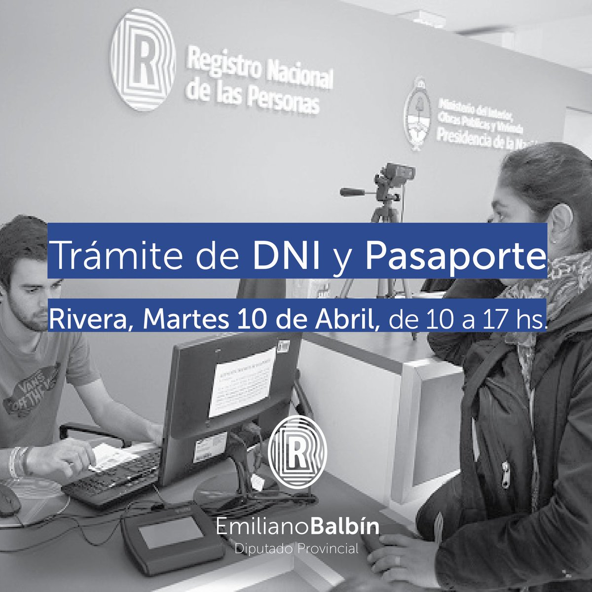 EmiBalbin's tweet photo. ATENCIÓN vecinos de RIVERA
El martes 10 de abril podes hacer tus trámites de DNI y Pasaporte en el puesto móvil del @renaper_ar
Cerca de tu casa, de 10 a 17hs.
Para conocer los trámites que podes hacer y qué papeles llevar ingresá en este link 
👉https://t.co/mJSLjY86sR https://t.co/zISYzEQs82