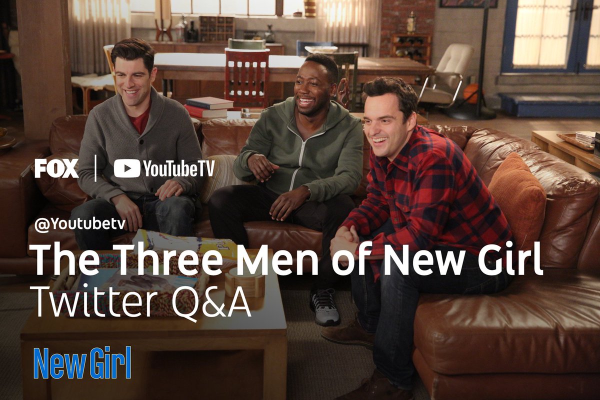 YouTubeTV's tweet photo. The FINAL SEASON of @NewGirlonFOX is upon us! Have questions for the men of the show? Tweet 'em at us with #NewGirlxYouTubeTV and @MrJakeJohnson, @LamorneMorris and @iamgreenfield will answer them tomorrow, before the premiere. Ask away! https://t.co/RmaWIdP0Jl