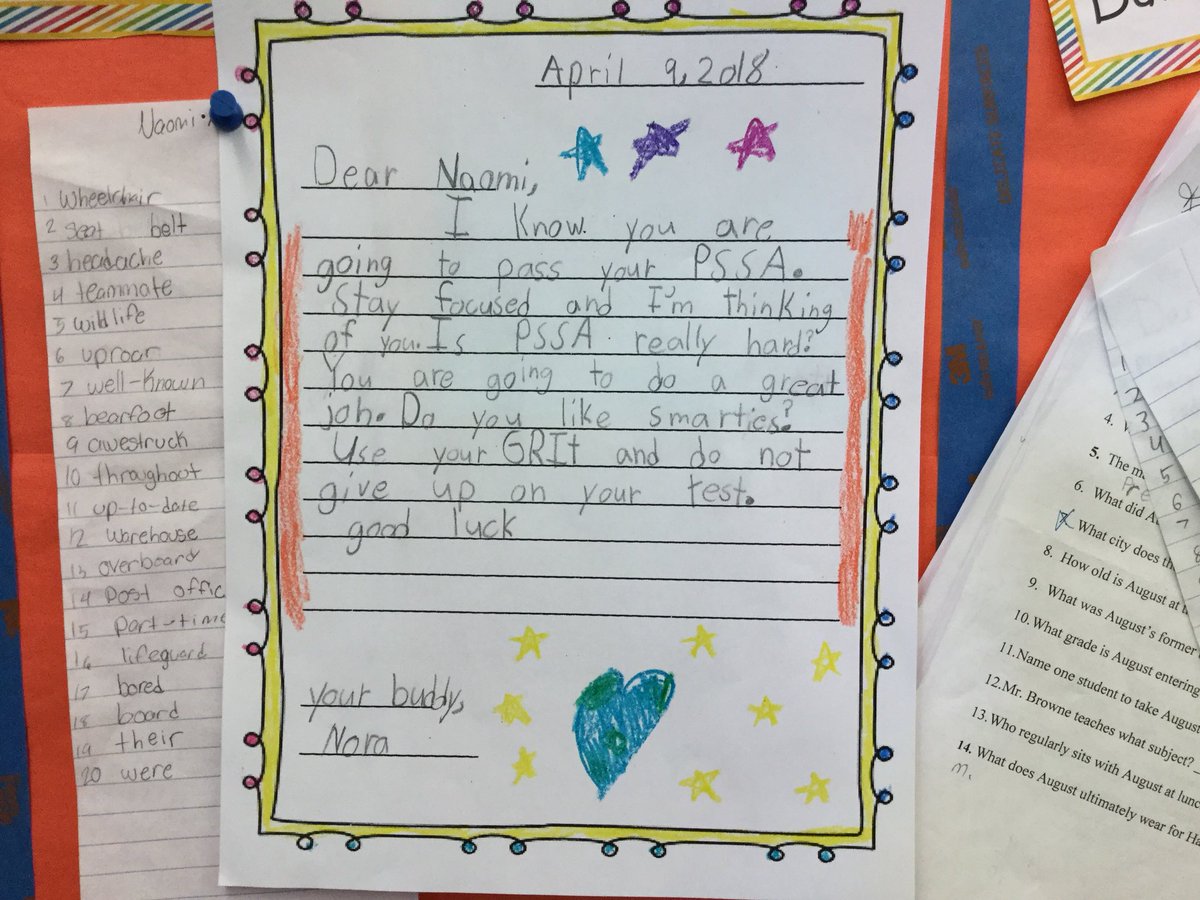 HedyArdito's tweet photo. Letters of encouragement for PSSA tests this week from our 2nd grade buddies.  Adorable! https://t.co/yhSUiUs3g8