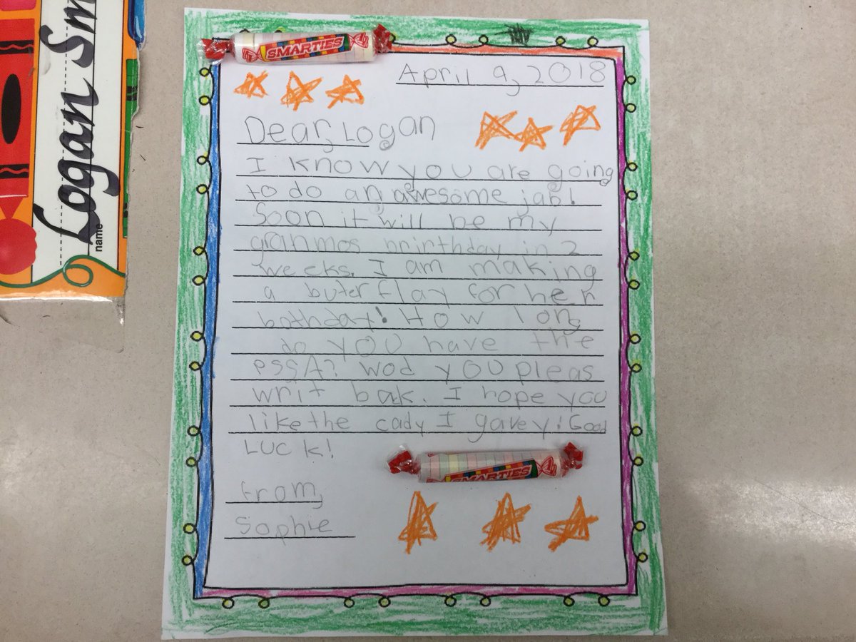 HedyArdito's tweet photo. Letters of encouragement for PSSA tests this week from our 2nd grade buddies.  Adorable! https://t.co/yhSUiUs3g8