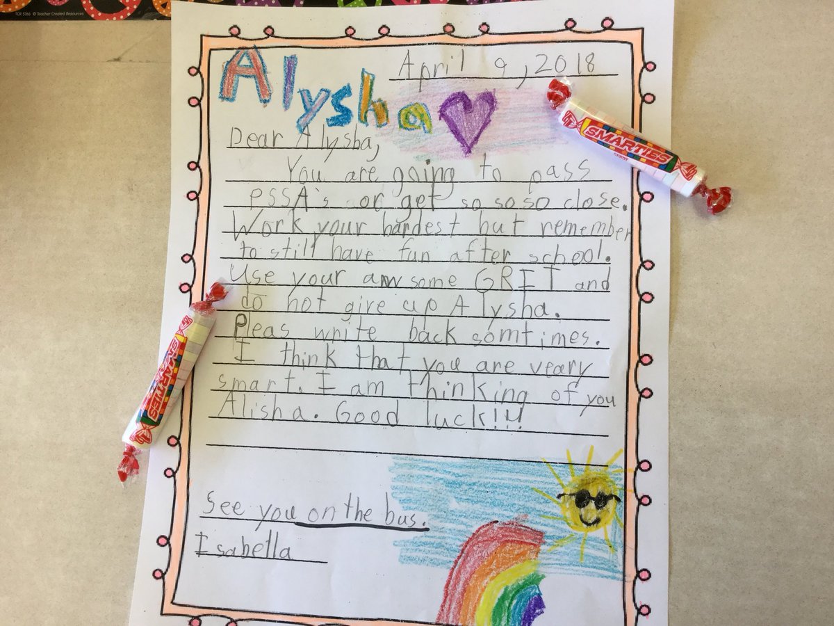 HedyArdito's tweet photo. Letters of encouragement for PSSA tests this week from our 2nd grade buddies.  Adorable! https://t.co/yhSUiUs3g8