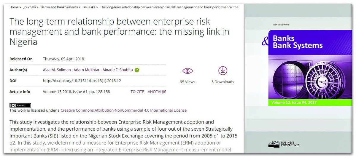 LLC_BP's tweet photo. 📄The long-term relationship between enterprise risk #management and bank performance: the missing link in #Nigeria;
👥Alaa M. Soliman, Adam Mukhtar, Moade F. Shubita;
📎https://t.co/HHuqsm1Fw5 ⬇⬇⬇
#causation, #ERM, #firm_performance, #impulse_response, #long_term_relationship https://t.co/88VdDXrE9R
