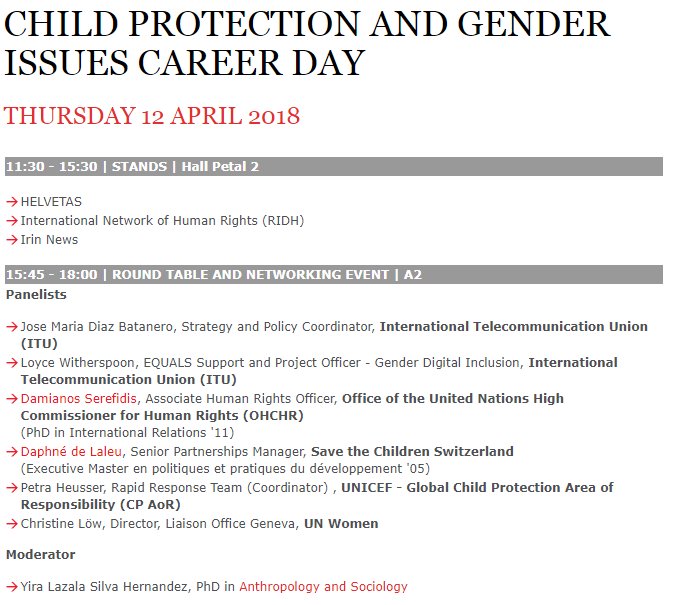 AlumniIHEID's tweet photo. Join us this Thursday @IHEID for our career forum #Connexion. This week's focus is #ChildProtection & #Gender. We'll welcome @HelvetasCH, #RIDH, @irinnews, @ITU, @OHCHR_Europe w. alumnus @DSerefidis, @save_children, @UNICEF w. @petra_justina, @UN_Women https://t.co/cRfjurqzGh https://t.co/cHkV7g40Ys