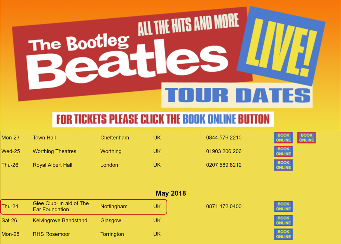 Join us on Thursday, 24 May 2018 in #Nottingham to experience the most famous tribute band, The <a href="/BootlegBeatles/">The Bootleg Beatles</a> in support of @TheEarFoundation. <a href="/Nottingham_Post/">nottingham_post</a> <a href="/TheMicNotts/">The Mic</a> <a href="/thisisINmag/">IN</a> <a href="/NottsLocalNews/">NottinghamLocalNews</a>
bootlegbeatles.com/gigs.php