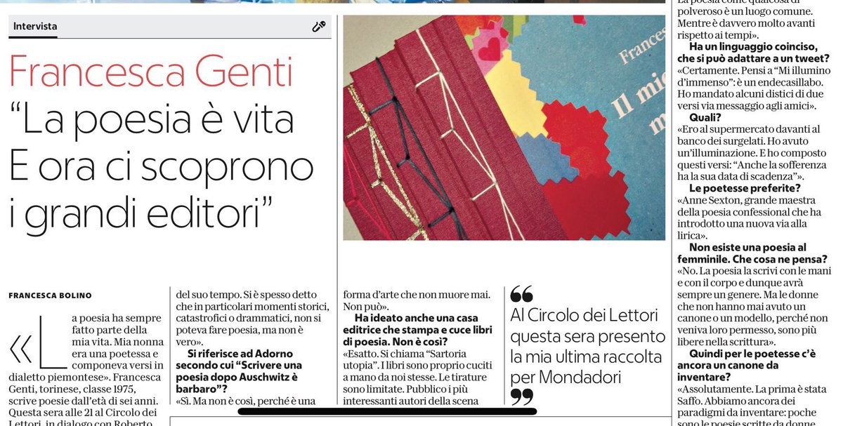 CircoloLettori's tweet photo. La sua poetessa preferita? Anne Sexton. Scrive poesie da sempre, è il suo modo di rapportarsi al mondo. 

Bellissima intervista di @francescabolino a Francesca Genti che è con noi questa sera, ore 21 con La poesia è un unicorno.🦄

@Librimondadori 
@rep_torino https://t.co/EWOGtzy4oB