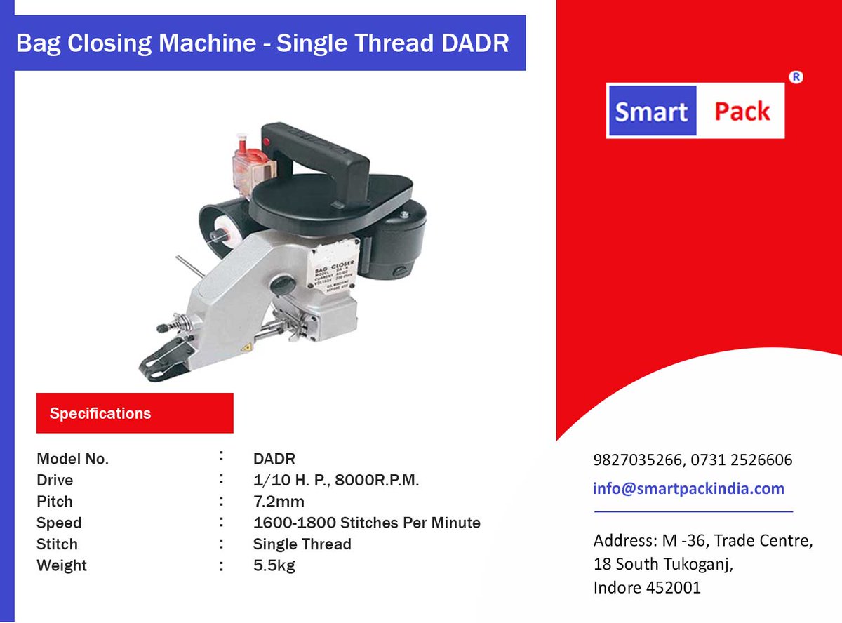 SmartPackIndia's tweet image. DA is a single-thread chain-stitch portable filled bags closing sewing machine.
#bagclosing #smartpack #packaging_machine