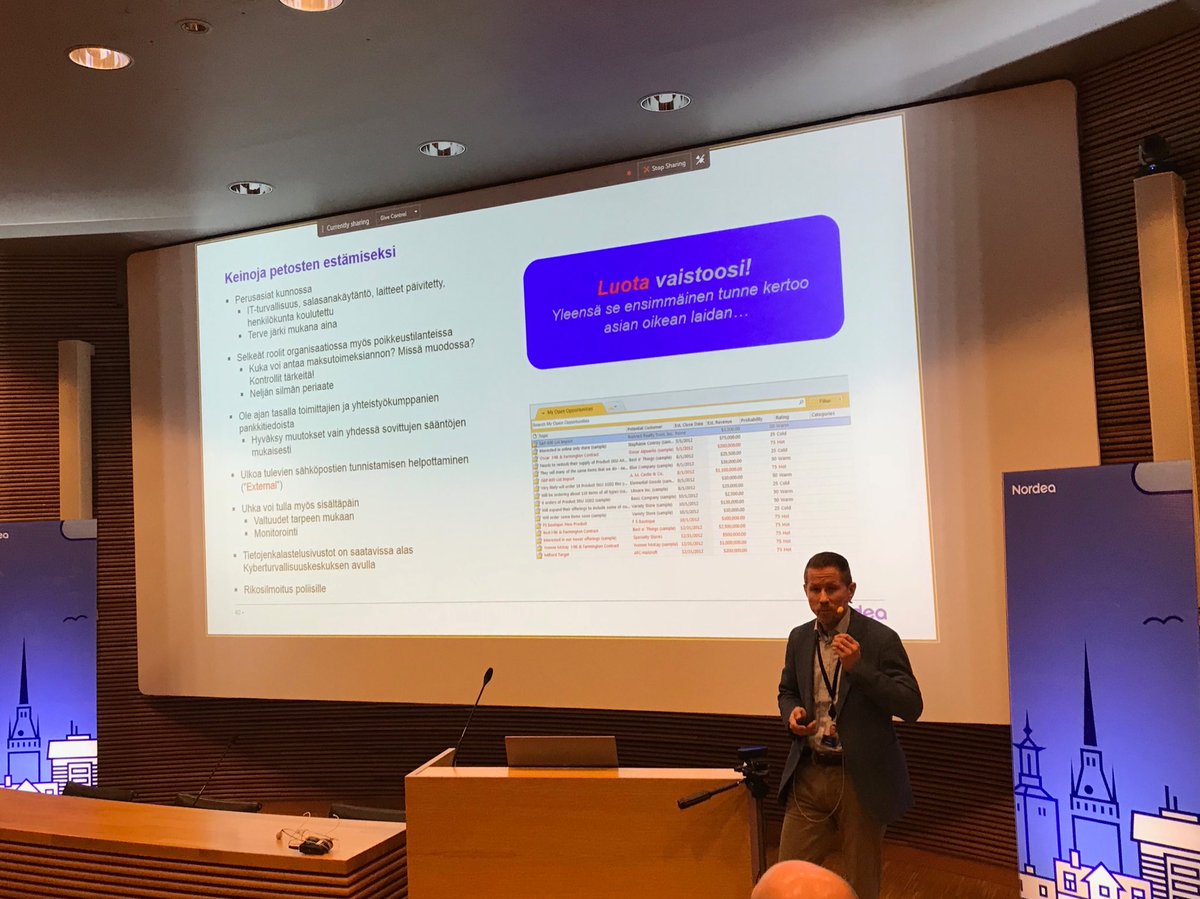 LKanniainen's tweet photo. #KimSiren explaining the #BestPractices for preventing #cybercrime #trustyourinstict #googleifuncertain #Security #GoodMorningCashManagement #customerseminar @Nordea_FI https://t.co/zxLiRkIgmz