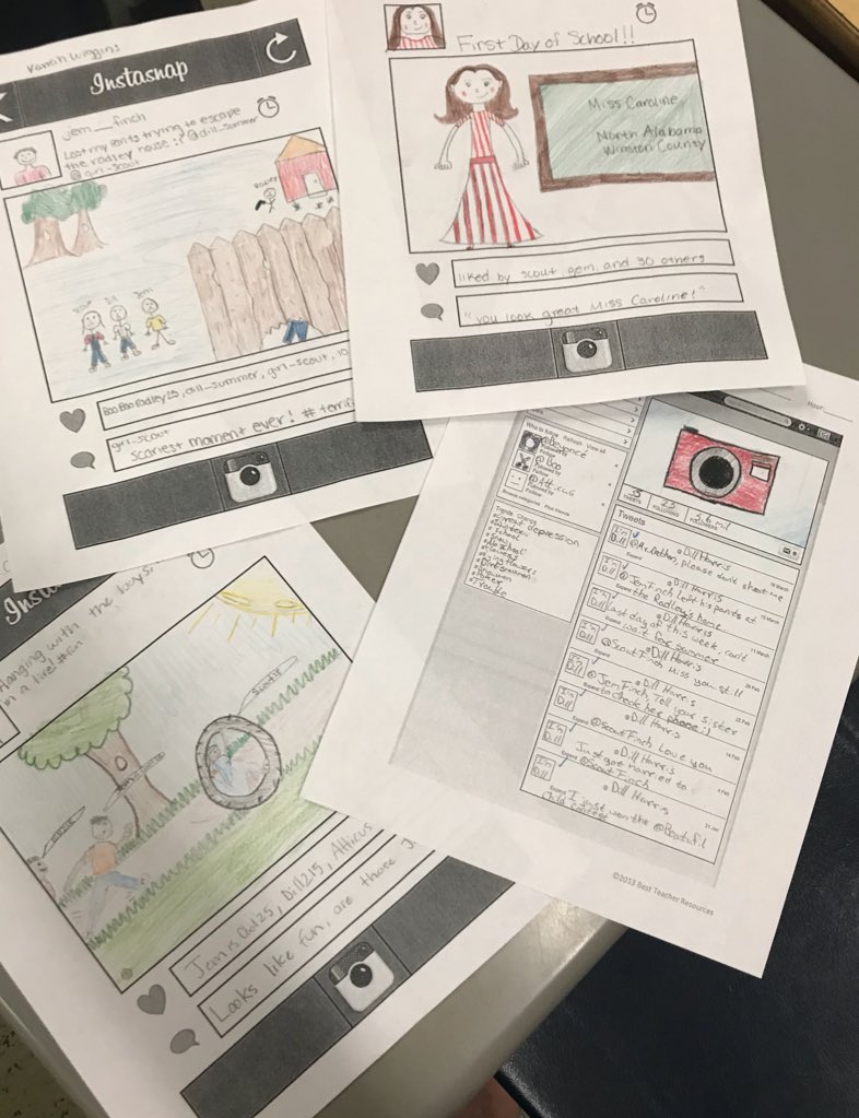 Soperclassroom's tweet photo. Today, #Accel9 students made social media profiles for TKM characters.  Great way to analyze characters’ relationships (RL9.3) in a unique format! #nwcs1718 https://t.co/pIhv2IEU9U