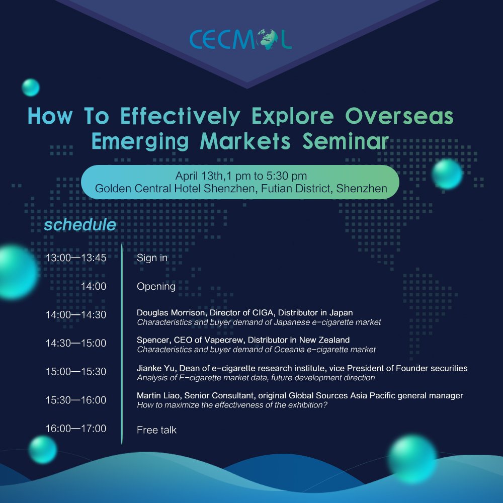 cecmol66's tweet photo. How To Effectively Explore Overseas Emerging Markets Seminar.
April 13th, in Shenzhen Golden Central Hotel, do not miss the opportunity in new business market.
#vape #vapexpo #cecmol #vapevent #vapeseminar https://t.co/bHjK4POAnn