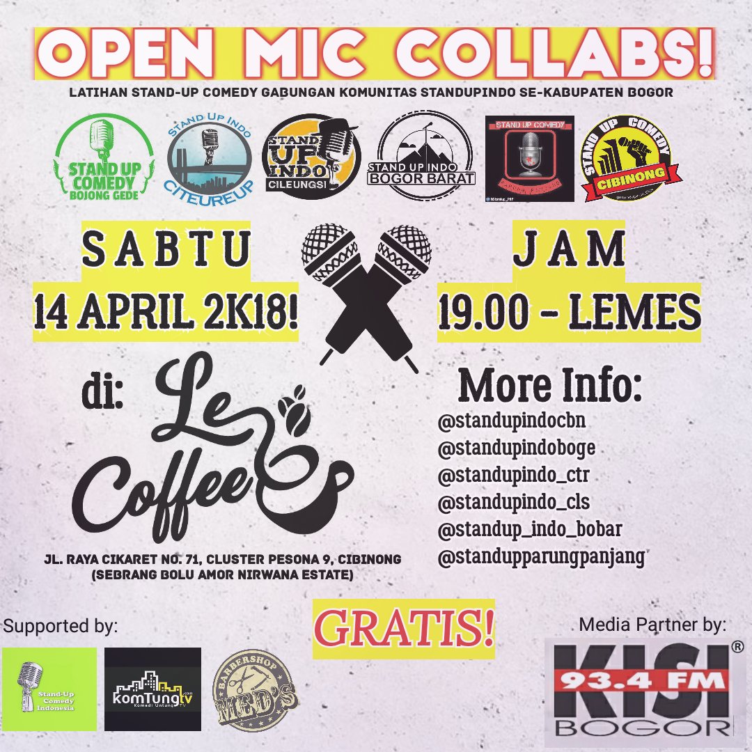 Sabtu ini bakalan ada perhelatan akbar nan menarik! #OpenMicCollabs - Latian stand-up comedy gabungan komunitas standupindo se-kabupaten bogor! 6 komunitas ngumpul &amp; latian bareng!
Cek waktu &amp; tempatnya di poster! Lalu datangilah!