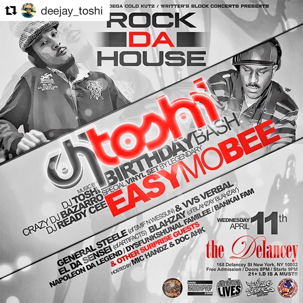 HastyleNYC's tweet photo. Wednesday show kicking off at @TheDelancey #BDay bash for #DJToshi special guest #DJs @crazydjbazarro #DJReadyCee and the #legendary @Easy_Mo_Bee with special guest #Emcees @VvsVerbal @GeneralSteele from #smifnwessun @DYSFUNKSHUNAL_F @TeamNDL and myself, @HastyleNYC 🎤🔥Come thru https://t.co/YogteNUGun