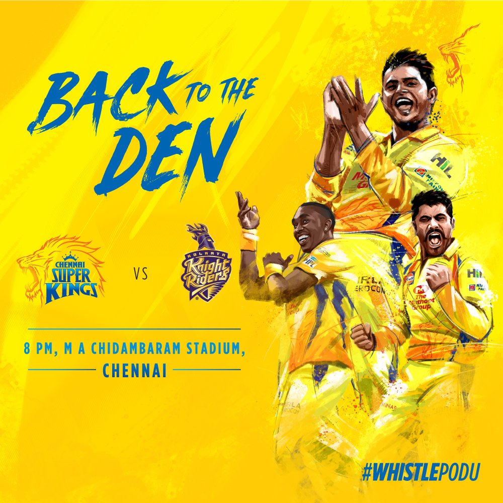 ChennaiIPL's tweet photo. Home sweet den! Get ready for roaring whistles today! #WhistlePodu #CSKHomeComing #Yellove #CSKvsKKR https://t.co/VwR538betd