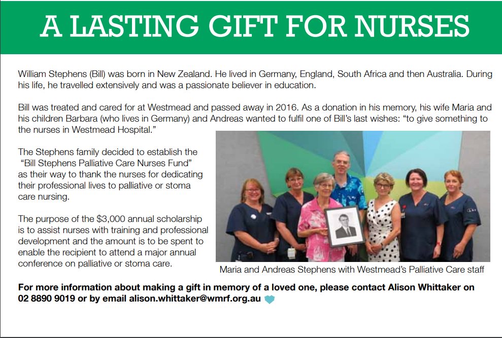 WestmeadFdn's tweet photo. Bill Stephens last wish fulfilled, “To give something to the nurses in Westmead Hospital.”
Read more in our March Newsletter 2018 https://t.co/4RKhrBtjAK
#giftinmemory #nurses #thankyou #lastinggift #WestmeadHospital #PalliativeCare #PalliativeCareWestmead @WestSydHealth https://t.co/d0ICoP8V7R