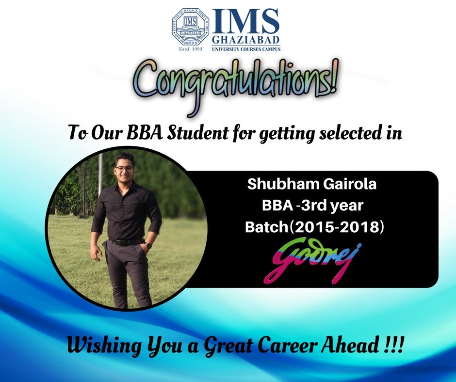 imsuc_campus's tweet photo. IMS Ghaziabad (University Courses Campus) is proud to announce that our BBA student Shubham Gairola of Batch (2015-2018) is placed in Goorej
Heartily congratulations to him!!
#imsuc
#2k18
#placement
#goorej https://t.co/pffq7BFgjA