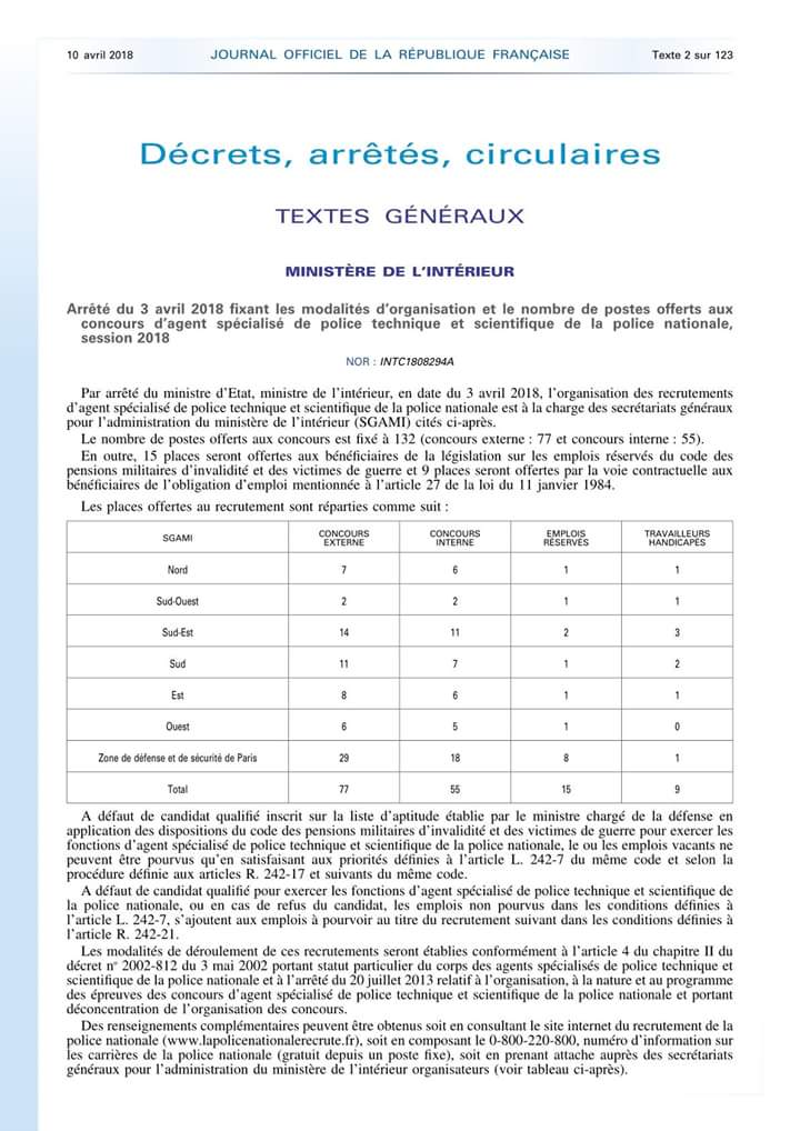 SNIPATPTS's tweet image. Arrêté du 3 avril 2018 fixant les modalités d'organisation et le nombre de postes offerts aux concours d'agent spécialisé de police technique et scientifique de la police nationale, session 2018 
#PoliceScientifique #PTS #ASPTS  #Police #IJ #SLPT #INPS #LPS #SCPTS #SNIPAT