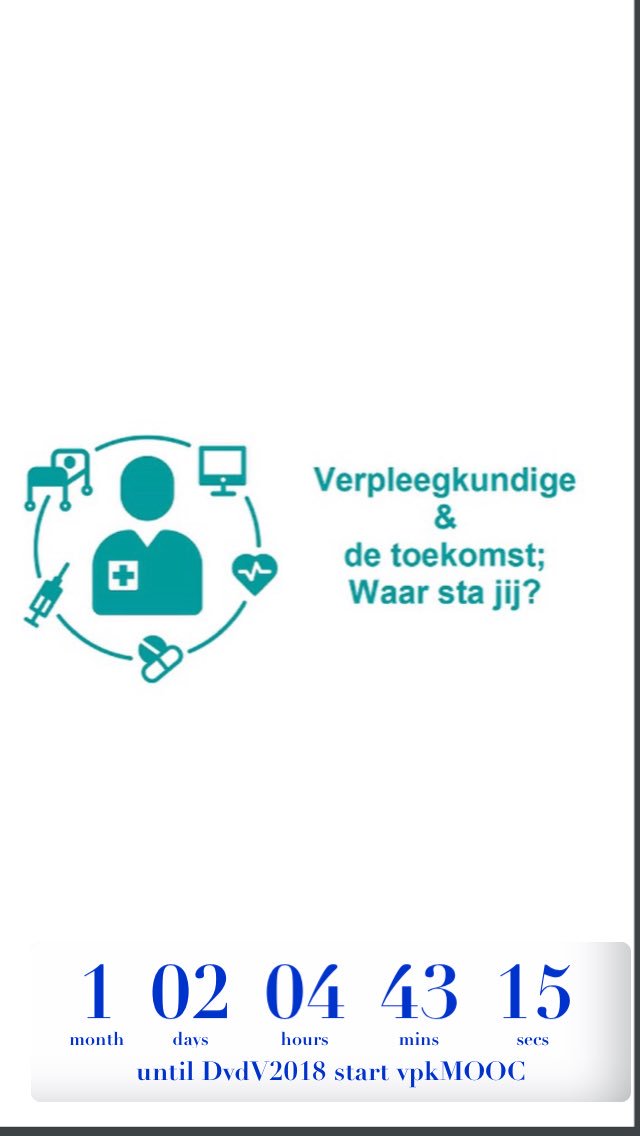 Nog 1 maand #DvdV2018 
voor start #vpkmooc <a href="/MOOCademyNL/">MOOCademy</a> <a href="/venvn/">V&VN</a> <a href="/spaarnegasthuis/">Spaarne Gasthuis</a> <a href="/UMCUtrecht/">UMC Utrecht</a> <a href="/reshape/">reshape</a>. Voor en door verpleegkundigen uit heel NL, België en? 
Inschrijven kan nu gratis via 
moocademy.org/mooc/samen-tro…