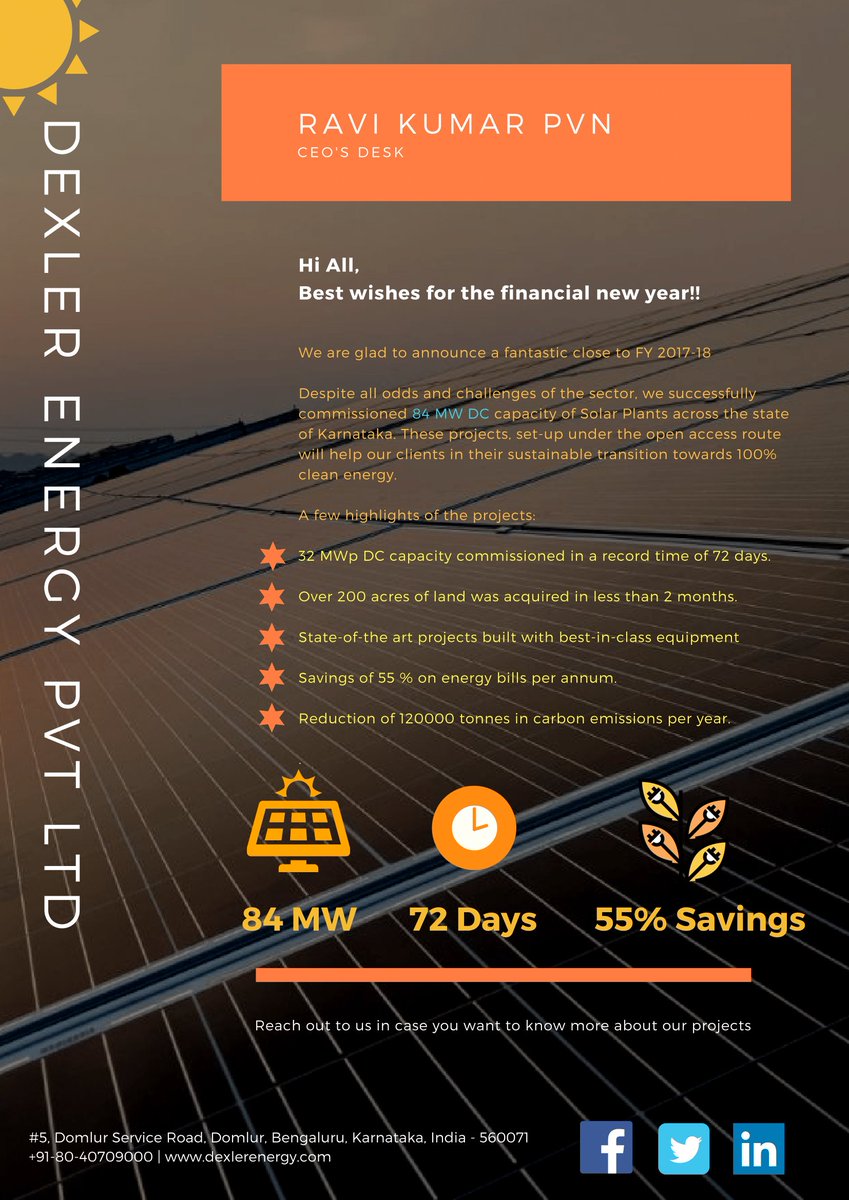 dexlerenergy's tweet photo. Missed Us? Here's what #DexlerEnergy was busy with. Congratulations team. #SolarIsNow #renewable #84MW #solarplant #karnataka in #72Days #Save #solar https://t.co/fApzvneUtF