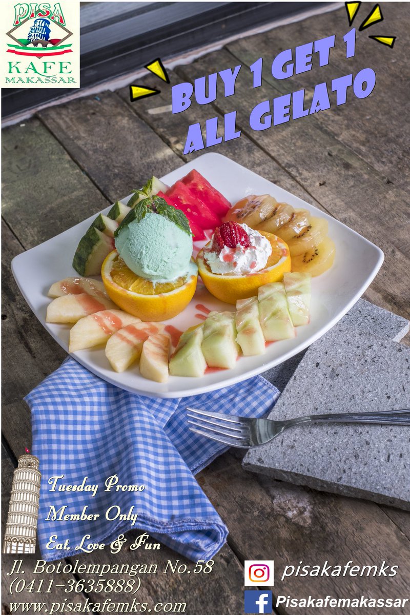 Frutta Fesca, Merupakan menu Gelato kami yang hanya ada di pisa kafe makassar. 
Nikmati promo Gelato buy 1 get 1 hari ini, hanya dengan Follow dan like IG kami <a href="/pisakafemks/">PisaKafeMKS</a>. Khusus Member Pisa Kafe Makassar 🙏
Jl. Botolempangan no 58 081356679446
pisakafemks.com