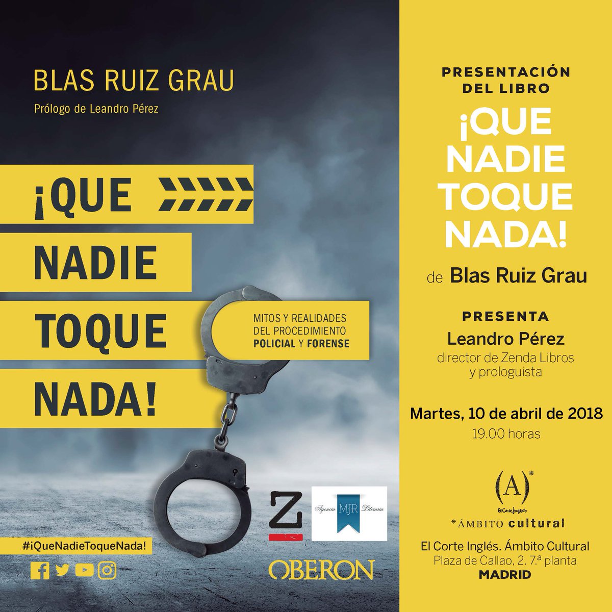 BlasRuizGrau's tweet photo. Hoy es el día más importante en mi carrera como escritor.
Me encantaría que lo vivieses a mi lado.
Recuerda, HOY presento #QueNadieToqueNada en el @ambitocultural de @elcorteingles de Callao (Madrid). Será a las 19h y estaré acompañado de @leandropem, director de @zendalibros.
RT https://t.co/uMQper2yK7