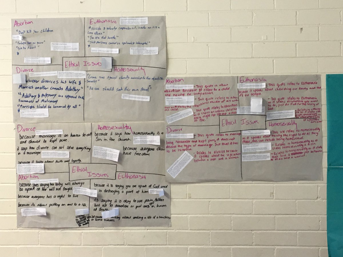 CorridaNohra's tweet photo. Yr 12 #Catholicstudies exploring ethical issues in the #bible &amp; #catechism. Ss had to race to their writer and explain y the passages/quotes related to that Ethical Issue #teaching #ethicalissues @McCarthyCTTC https://t.co/mujZfDkLGG