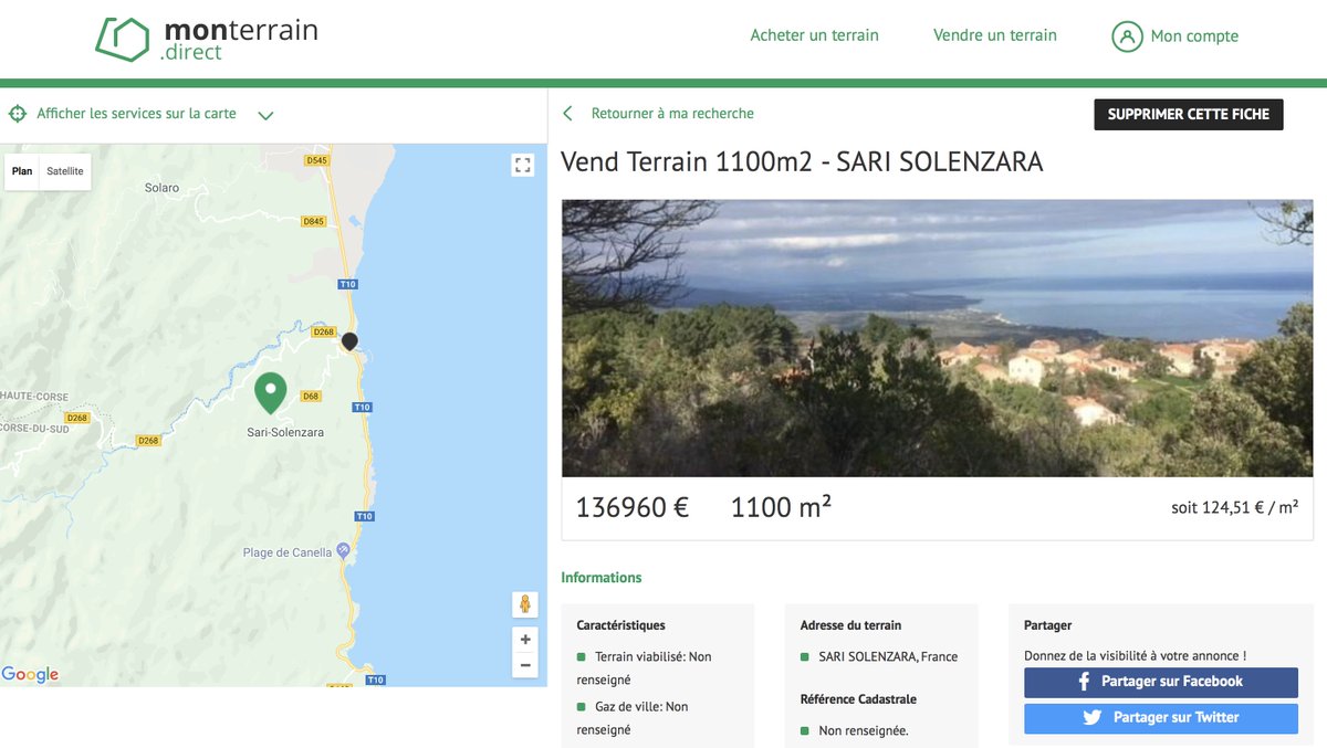 terraindirect's tweet photo. Nouvelle annonce sur https://t.co/0jZmIarcKg  : #terrain viabilisé construtible 1100m2 a 15mn de la plage de Solenzara (Corse) vue panoramique sur mer, calme et verdure https://t.co/wNDVUFTmxI https://t.co/vU0kN5sHEH