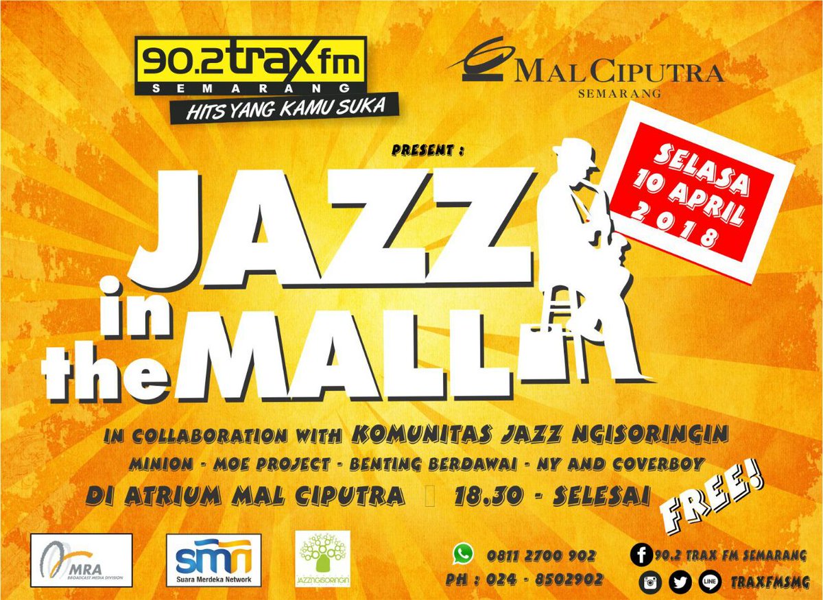 Jazz in The Mall with <a href="/JAZZNGiSORiNGiN/">Jazz Ngisoringin SMG</a> | Selasa, 10 April 2018 | At Atrium Mal Ciputra <a href="/CLSemarang/">Mal Ciputra Semarang</a> | 18.30 - selesai | Free! cc: <a href="/JoharSemarang/">Pasar Johar Semarang</a>