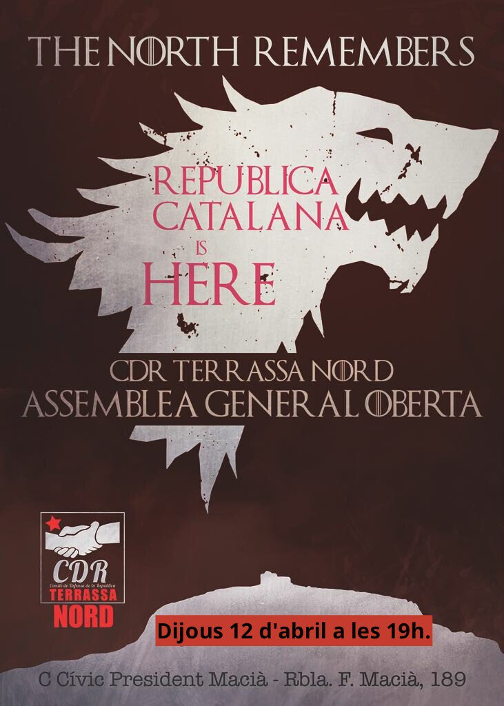 CDRterrassaNord's tweet photo. 📣Atenció nordterrassencs
A Terrassa Nord estem construïnt la República. Vine i digues-hi la teva!
Assemblea CDR Terrassa Nord
📆 Dijous 12 d'abril
📍 Centre cívic President Macià
⏰A les 19h
#Sompoderpopular
#primaveracatalana https://t.co/4oUeqvHsJj
