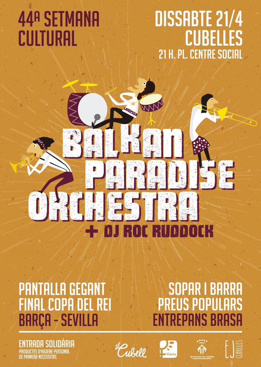 elcubell's tweet photo. CONCERT SETMANA CULTURAL CUBELLES 📣
amb @bpobarcelona 🎺🎷🥁 i Dj Roc Rudock 🎧
21/04/2018 Pl. Centre Social 21 h.
Amb pantalla per veure final copa Barça-Sevilla ⚽️
Entrada donatiu solidari productes higiene primera necessitat https://t.co/dpIYbP6kE7