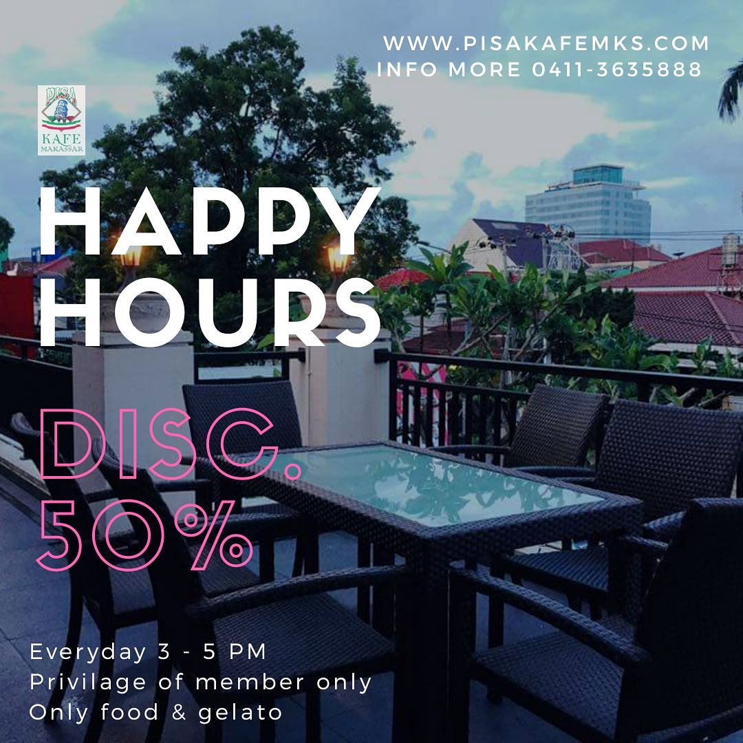 Nikmati Happy Hours
- Discount 50% 😘
- mulai pukul 15.00 - 17.00 🤗
- Khusus member pisa kafe makassar 😍
- Tanpa nominal pembelanjaan
- Only Foods &amp;  Only Gelato
- berlaku setiap hari pada jam tersebut. <a href="/pisakafemks/">PisaKafeMKS</a>
pisakafemks.com
Jl. Botolempangan no 58
0411- 363 5888