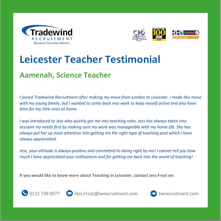 Lovely #testimonial from my #Leicester #Science #Teacher :) So grateful to #work with such fantastic candidates! #Tradewindrecruitment #supplyteacher #eastmidlands #schools #teachingjobs #ourpeoplemattermost