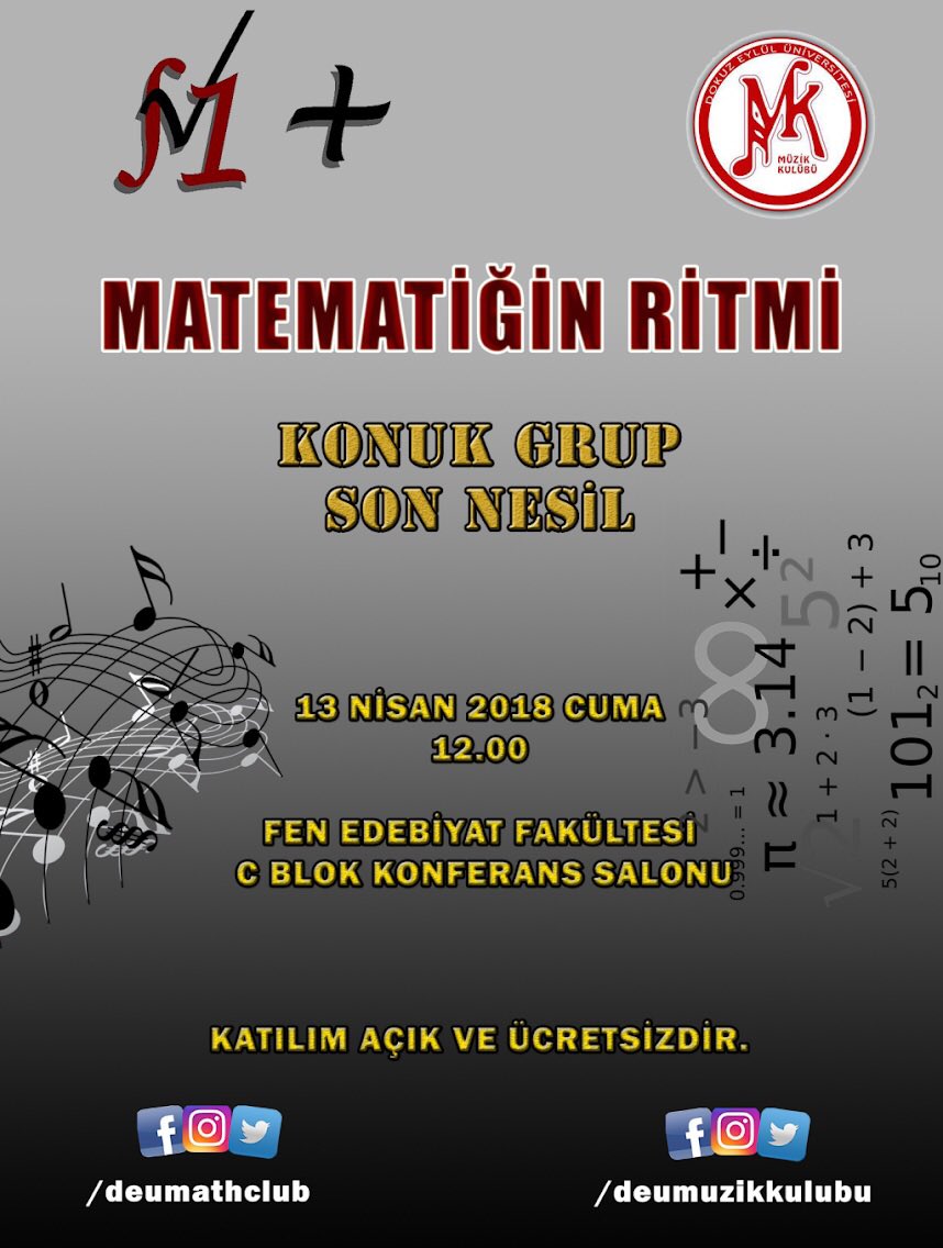 Değerli hocalarım ve sevgili arkadaşlar,  Müzik Topluluğuyla birlikte ortaklaşa gerçekleştireceğimiz bu haftaki etkinliğimizde “Son Nesil “ grubu sahne alacaktır. Etkinliğimiz 13 Nisan 2018 Cuma günü saat 12:00 da C blok konferans salonunda olacaktır.