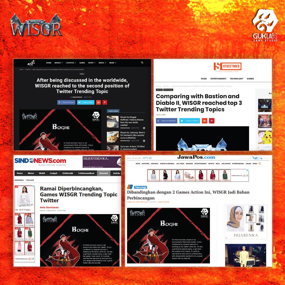 guklabs's tweet photo. Thanks Asian Tech Zone, Streetimes, Sindonews and Jawapos for great review and publication for WISGR. We're Appreciate and full of charged to finished our first project.

#GuklabsStudio #wisgr #internationalgames https://t.co/kqySfw83DU
