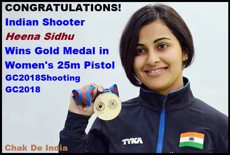 VijayBhengra's tweet photo. CONGRATULATIONS 👏👌💐Indian shooter @HeenaSidhu10 wins #GoldMedal🥇 in Women's 25m Pistol. The #Nation is Proud of You 🇮🇳#HeenaSidhu #GC2018 #GC2018Shooting #ChakDeIndia #KheloIndia #NewIndia #Repost #Regrann #Swag #RapidRound https://t.co/ONrXHFIbaC