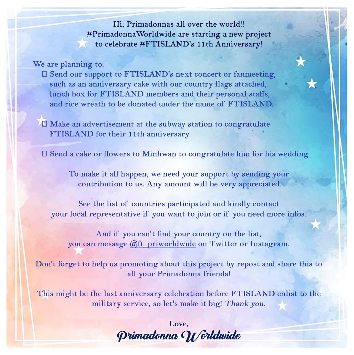 FT_PriWorldwide's tweet photo. [📣]  #PrimadonnaWorldwide  #FTISLAND
#The11thAnniversaryProject 

📆 Deadline of donations: May 15, 2018. 

⏺ Please contact your local Representative. In case  you can't find your country in the list please message us at @FT_PriWorldwide  (IG/twitter). 
Thank you! ♥ https://t.co/IVkEKTsnsY